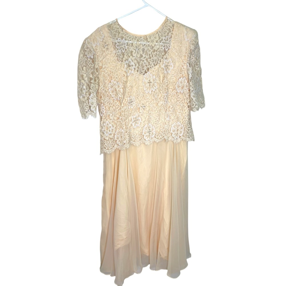 Karen Miller 18 Peach Lace Chiffon Gown Pearl Rhinestone Formal Regencycore